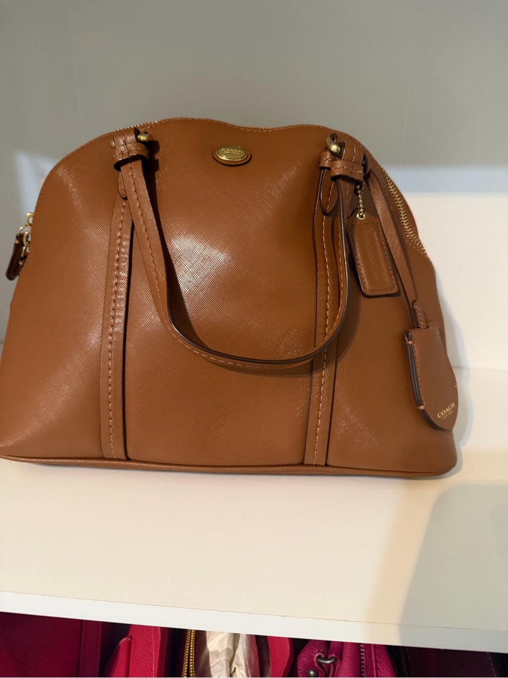 Coach Structured saffiano Leather Satchel in Saddle/Tan